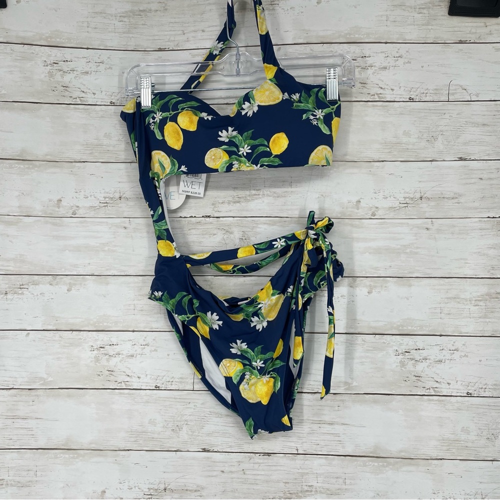 WET Los Angeles Navy Lemon Print One Piece‎ Swim Suit Swimwear Size L NWT Lined